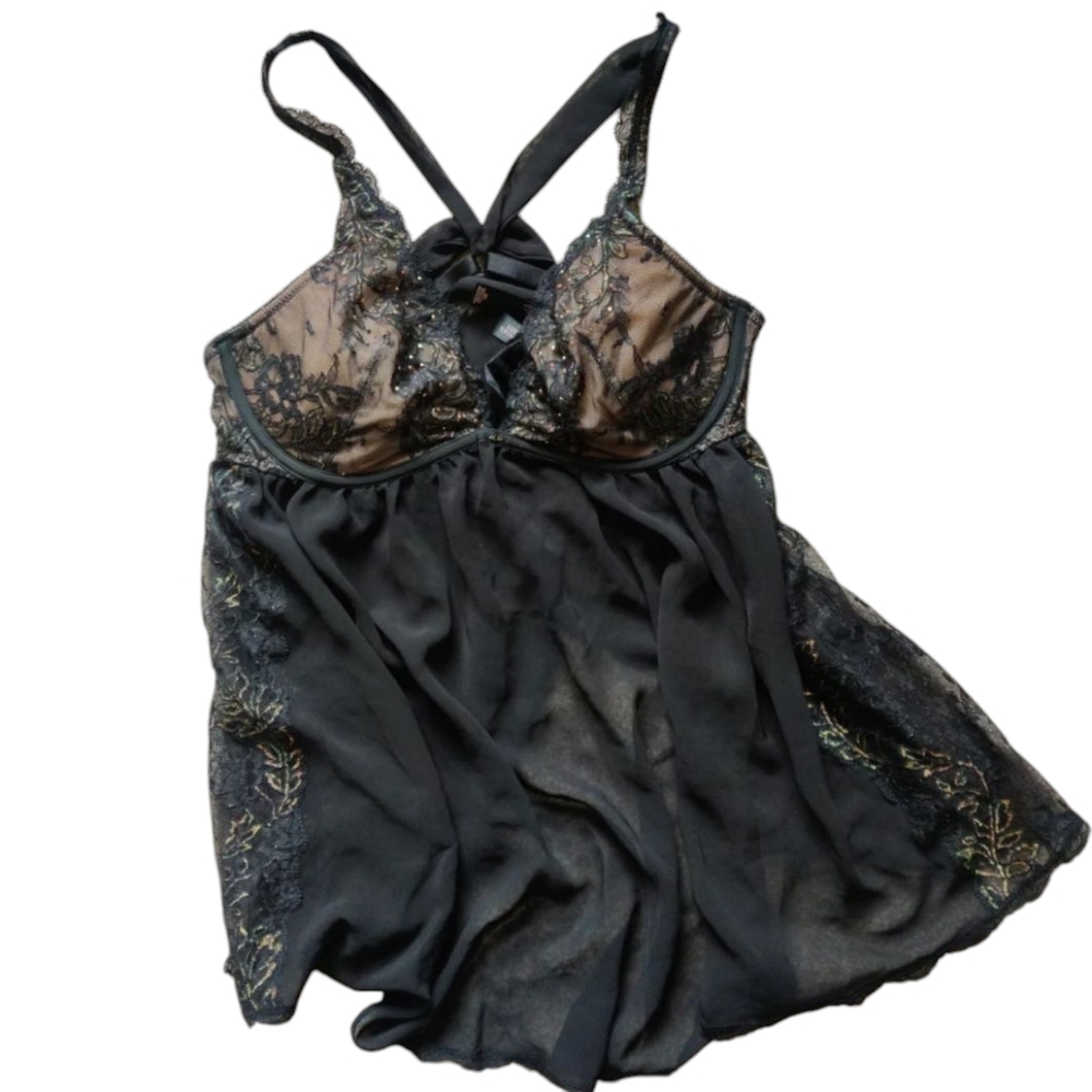 Victoria's Secret Black and Metallic Lace Babydoll Lingerie Set